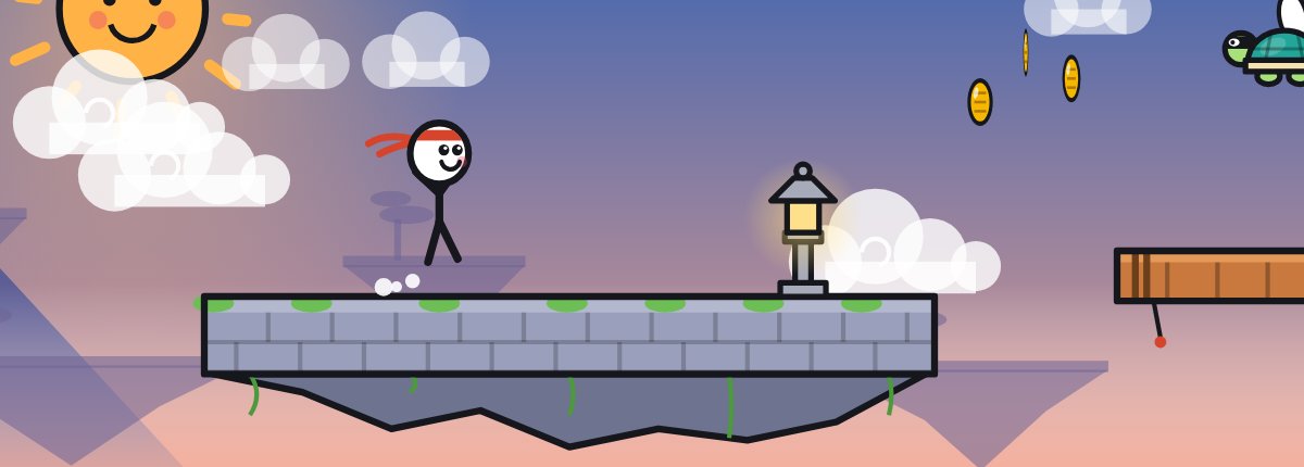 The stick hero runs across a floating island at sunset, past a lantern, coins, and a flying turtle.